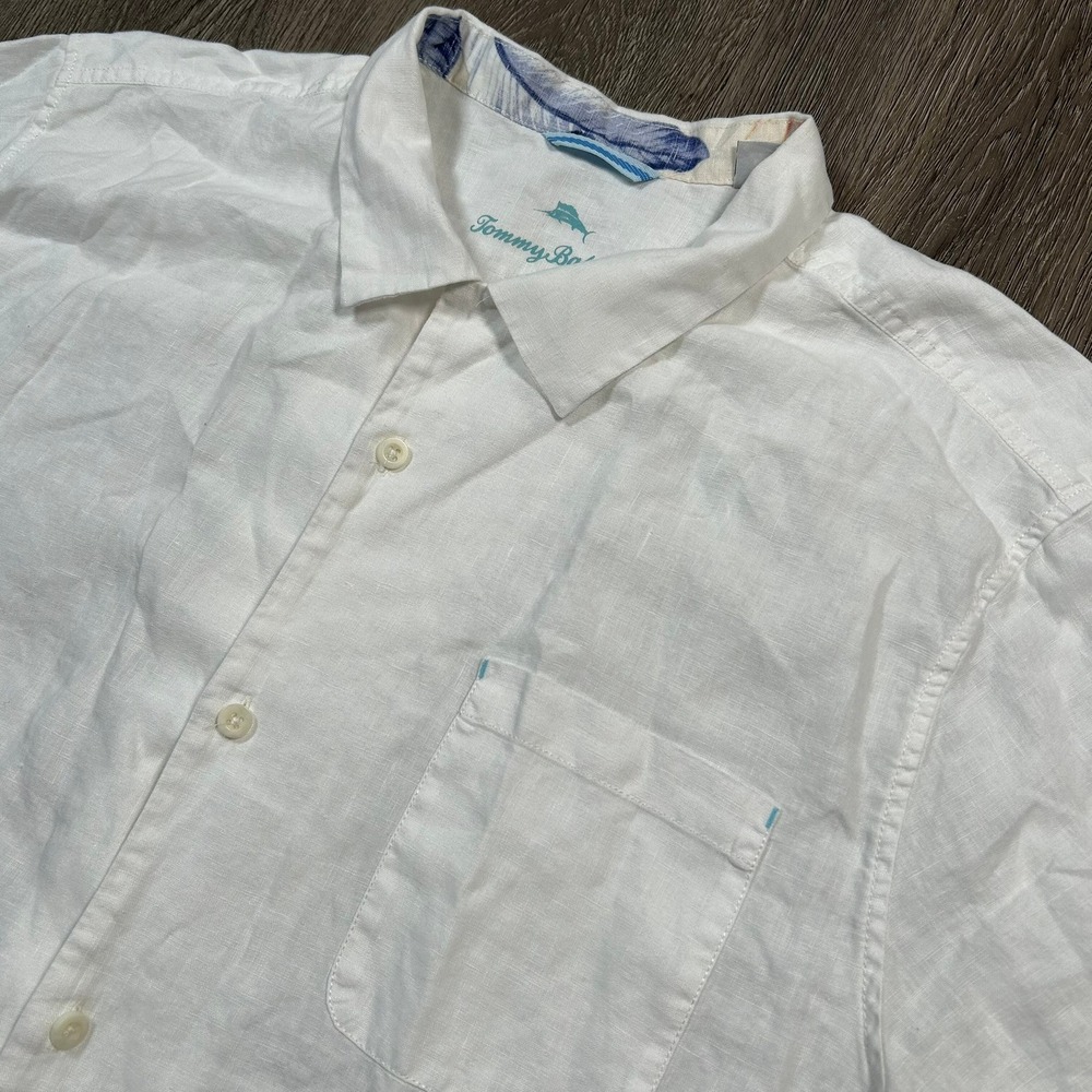 Tommy Bahama Button Down Shirt XXL White Linen Short Sleeve Shirt Loop Collar